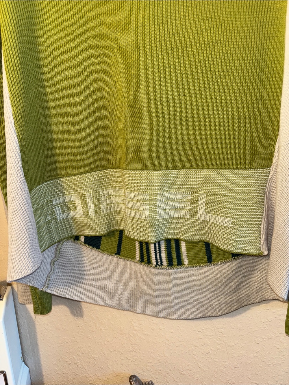 VINTAGE Diesel knitwear sweater featuring green, olive, and cream vertical strip - Picture 11 of 11